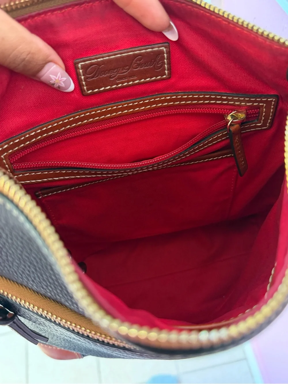Y2kDooney & Bourke Black Pebbled Leather Crossbody with Brown Trim